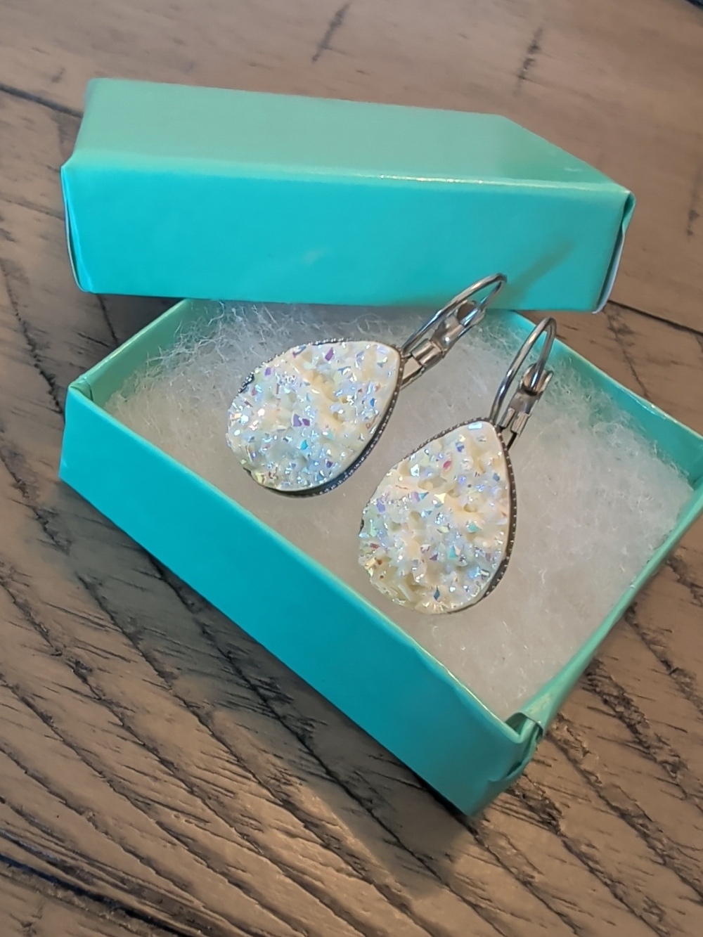 Handmade Iridescent White Teardrop Earrings